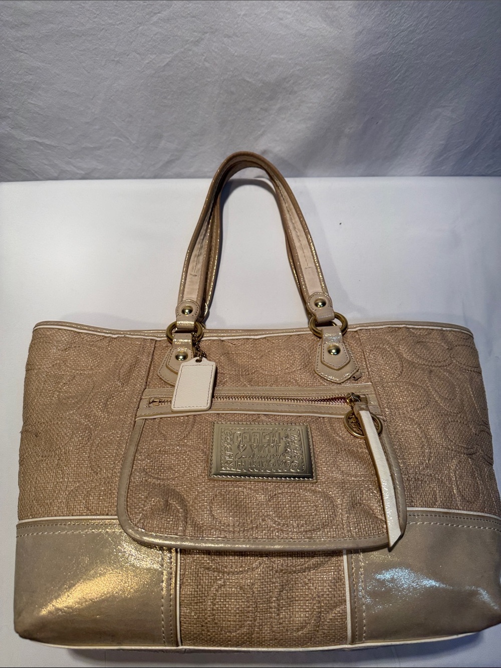 Coach Poppy Neutral Beige Signature Tote with Gold Accents